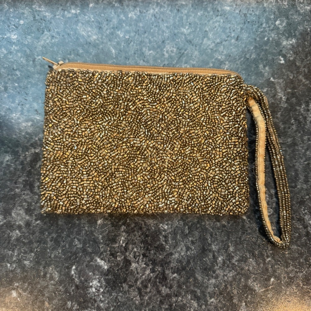 Moyna Amour Beaded Wristlet Clutch Bag Bronze Gold Pink Script Evening Pouch - Picture 4 of 7